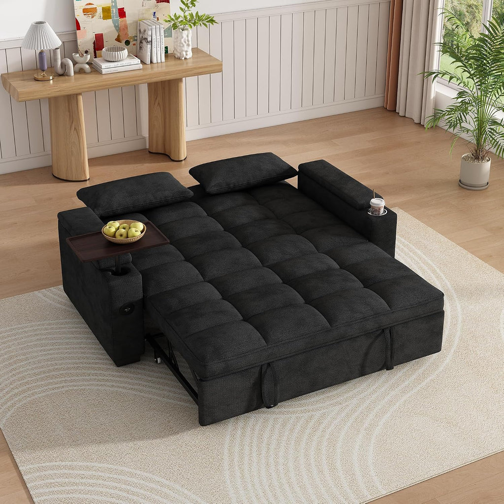 KEIKI 65' Sleeper Sofa Bed, 3-in-1 Pull Out Couch with Adjustable Backrest, 90° Rotating Side Table, USB & Type-C Charging Ports, Hidden Storage Armrests, Space Saving Sofa for Apartment Guests