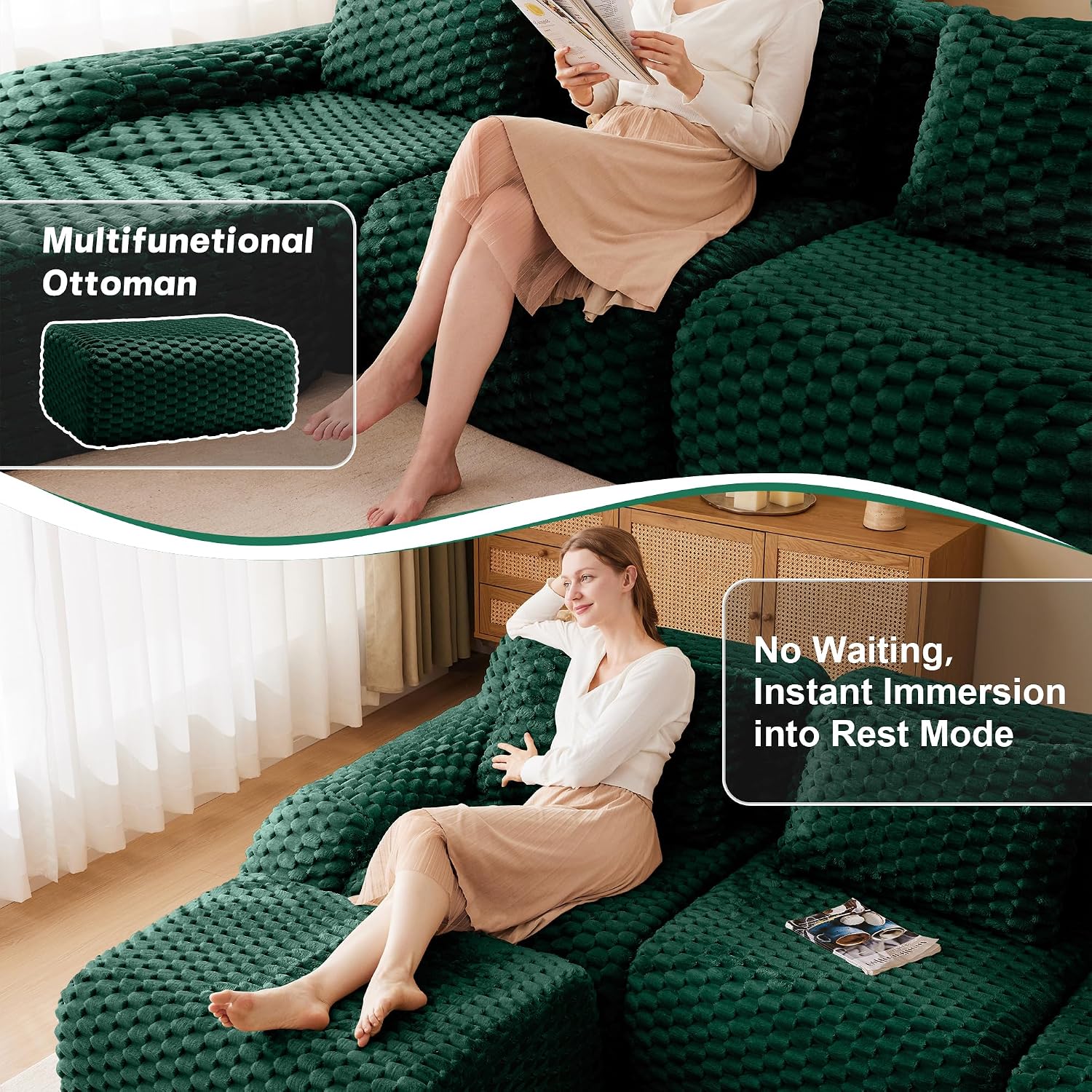 KEIKI 114' Oversized 3-Seater Boneless Couches for Living Room, Compact Modular Sectional Velvet Sofa, Deep Seat Cozy Foam Lounge Couch No Assembly for Apartment Space, Modern Comfort Design, Green