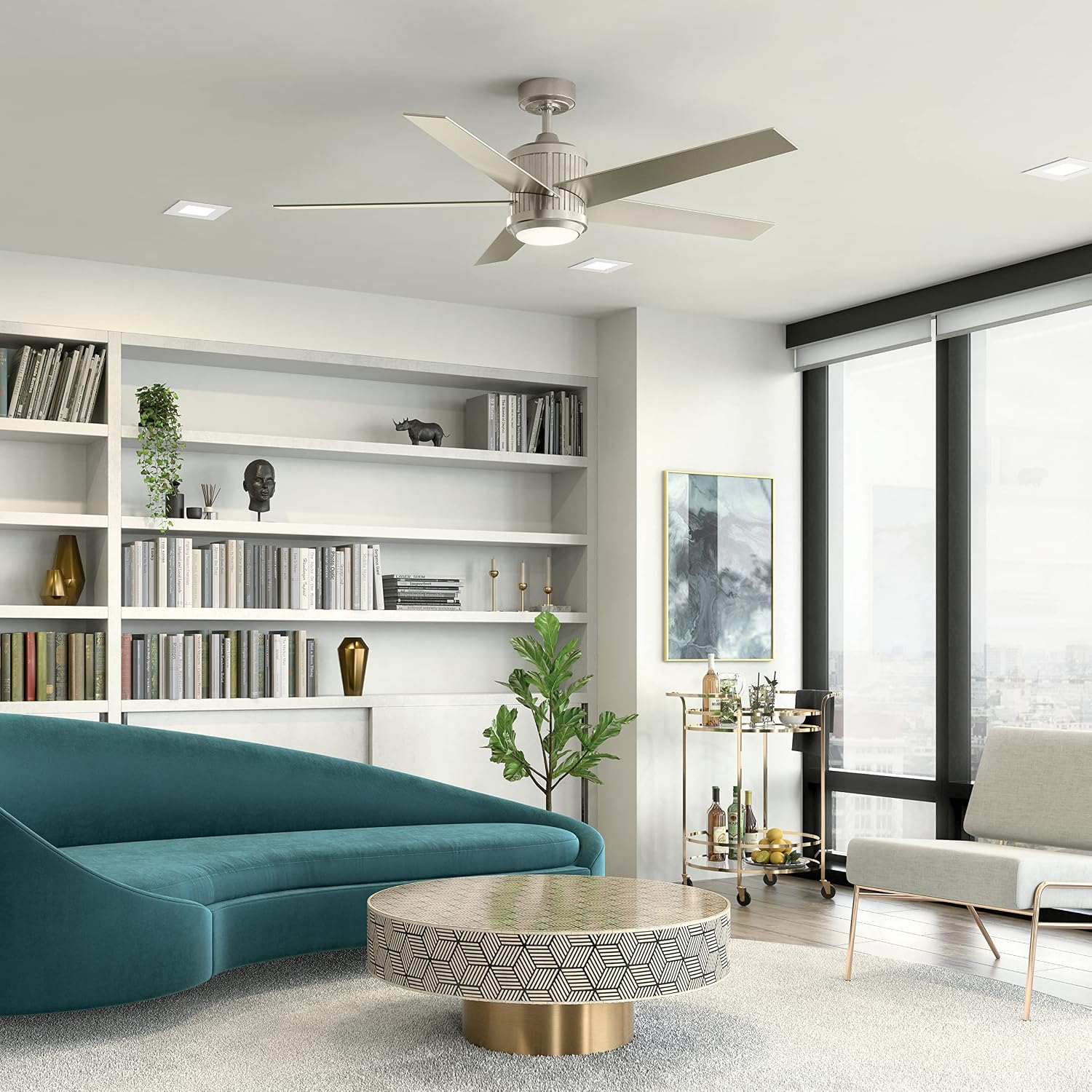Kichler Brahm 56 in LED Ceiling Fan with Light, 5 Blade Modern Indoor Fan with Etched Cased Opal Glass in Brushed Stainless Steel, Reversible Silver and Walnut Blades, 300044BSS
