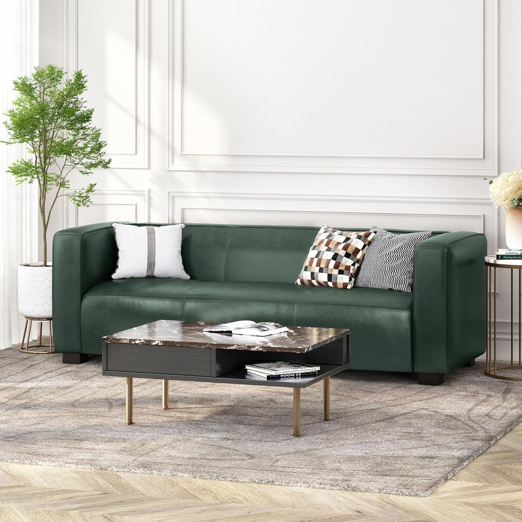 Christopher Knight Home Vevia Faux Leather Sofa, 3 Seater Couch, Upholstered Sofa, Large Lounge Chair, Birch Wood Legs Armchair, Classic Tuxedo Design Couch for Living Room Bedroom, Green
