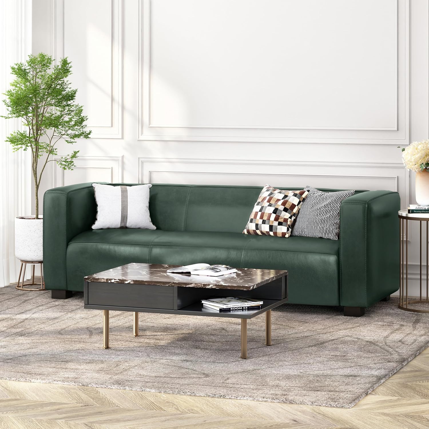Christopher Knight Home Vevia Faux Leather Sofa, 3 Seater Couch, Upholstered Sofa, Large Lounge Chair, Birch Wood Legs Armchair, Classic Tuxedo Design Couch for Living Room Bedroom, Green