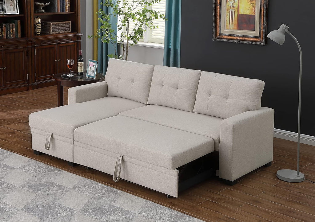 Favfurish 82' L-Shape Reversible Sleeper Sectional Sofa with Pull Out Bed and Storage Chaise,Linen Tufted Upholstery Corner Couch for Living Room, Apartment,Office,Home Furniture Sets,Beige