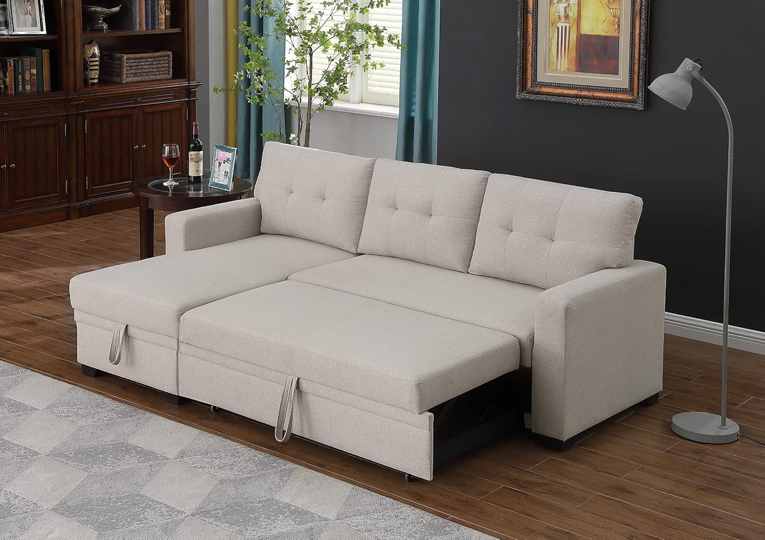 Favfurish 82' L-Shape Reversible Sleeper Sectional Sofa with Pull Out Bed and Storage Chaise,Linen Tufted Upholstery Corner Couch for Living Room, Apartment,Office,Home Furniture Sets,Beige