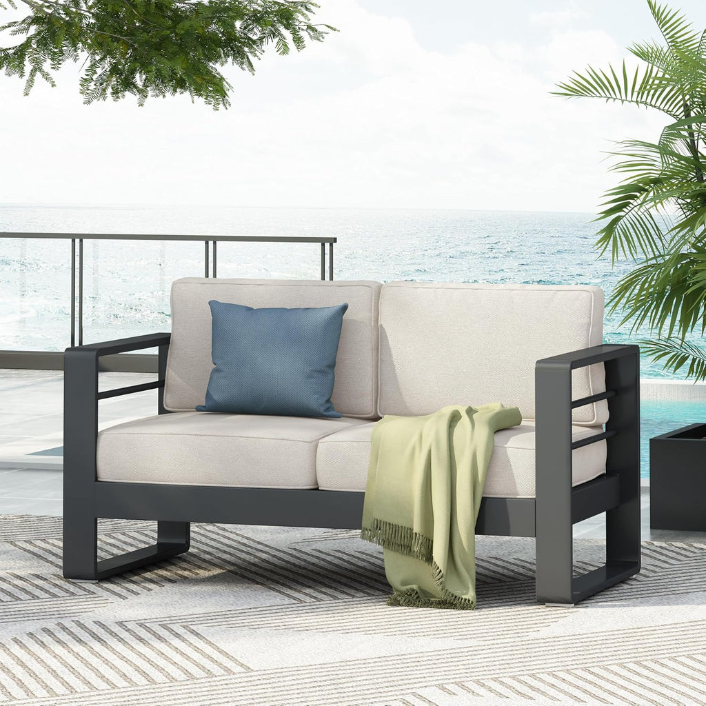 Christopher Knight Home Dessa Patio Loveseat, Aluminum Couch, 2 Seater Sofa, Stable Aluminum Frame Armchair, Spacious Seating, Outdoor Loveseat with Cushions for Backyard Garden Balcony, Black+Beige