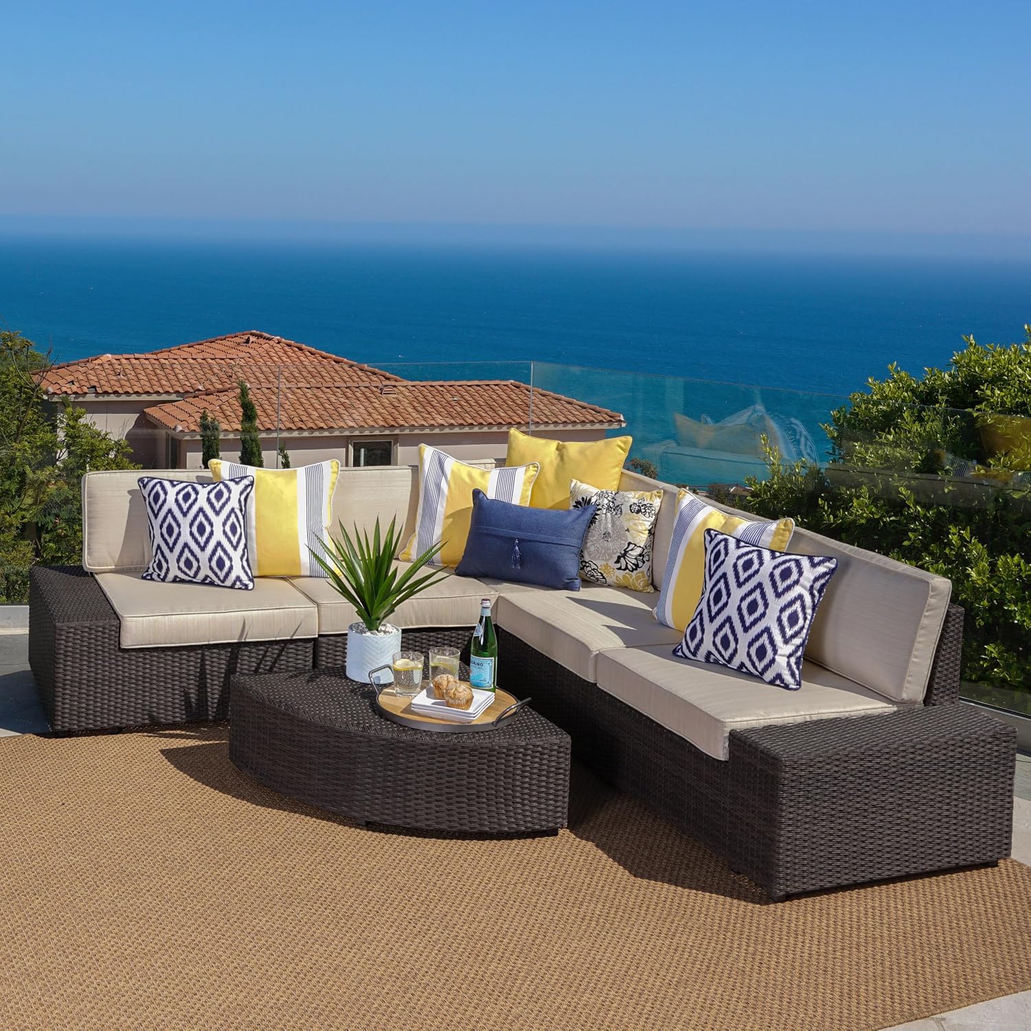 Christopher Knight Home Santa Cruz Outdoor Wicker Sectional Sofa Set with Water Resistant Cushions, 6-Pcs Set, Brown