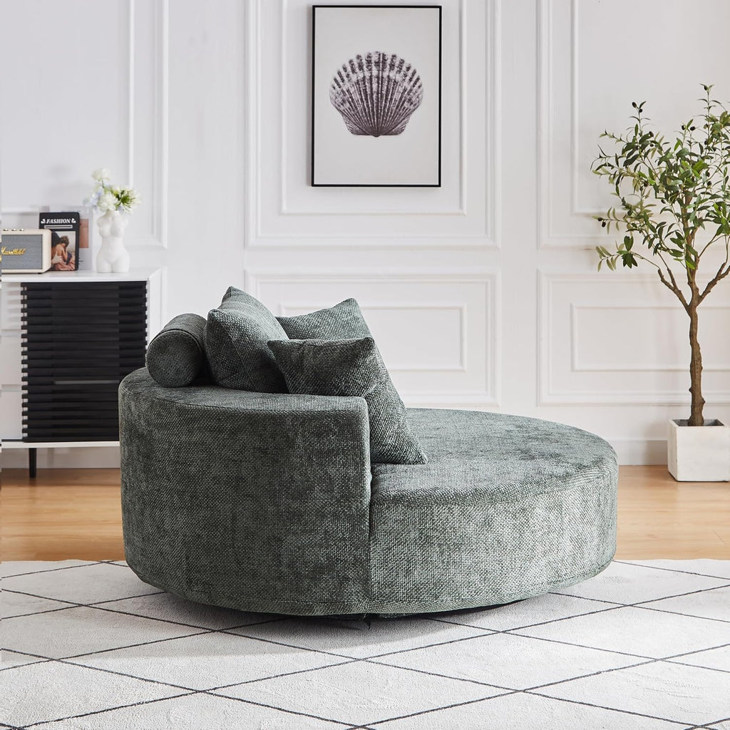 KEIKI 55' Oversized Swivel Accent Chair, Large Barrel Chairs Upholstered Round Swivel Chair, Chenille Single Sofa Armchair, Sleeper Chair for Living Room, Lounge, Green