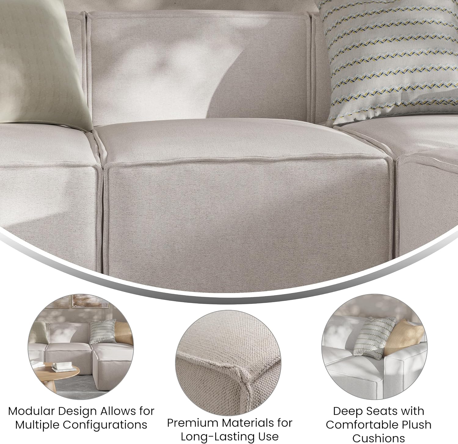 Flash Furniture Bridgetown Fabric Middle Chair Module for Sectional Sofa, Customizable Modular Couch Armless Middle Seat, Cream