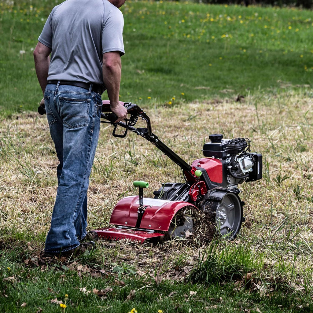 EARTHQUAKE 31285 Pioneer Dual Direction Rear Tine Tiller with Instant Reverse, Airless Wheels, 17' Width, 11' Tilling Depth, 99cc 4-Cycle Viper Engine, Black/Red