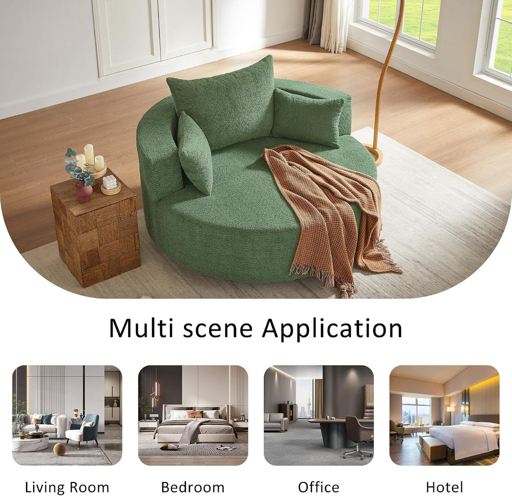 Merax 360° Swivel Chair, Chenille Fabric Accent Barrel Chair, Swivel Round Sofa Chair with 3 Removable Pillows for Living Room, Bedroom, Office and Hotel, Green