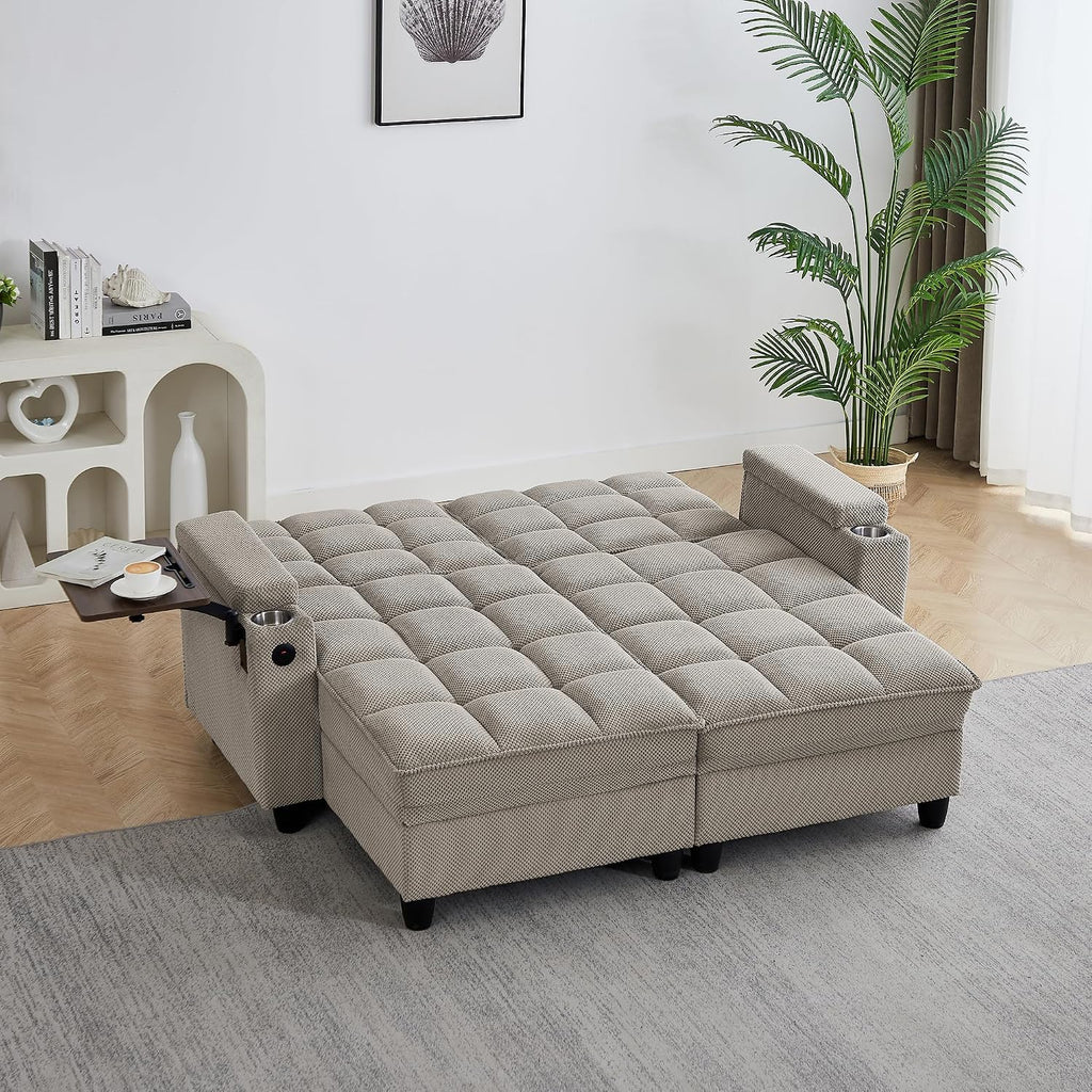 Eafurn Double Chaise Lounge Convertible Sleeper Chair Sofabed W/Storage and 6-Position Reclining Backrest, Modern Tufted Recliner Lounge Chaise Couch with Swivel Table & USB for Living Room