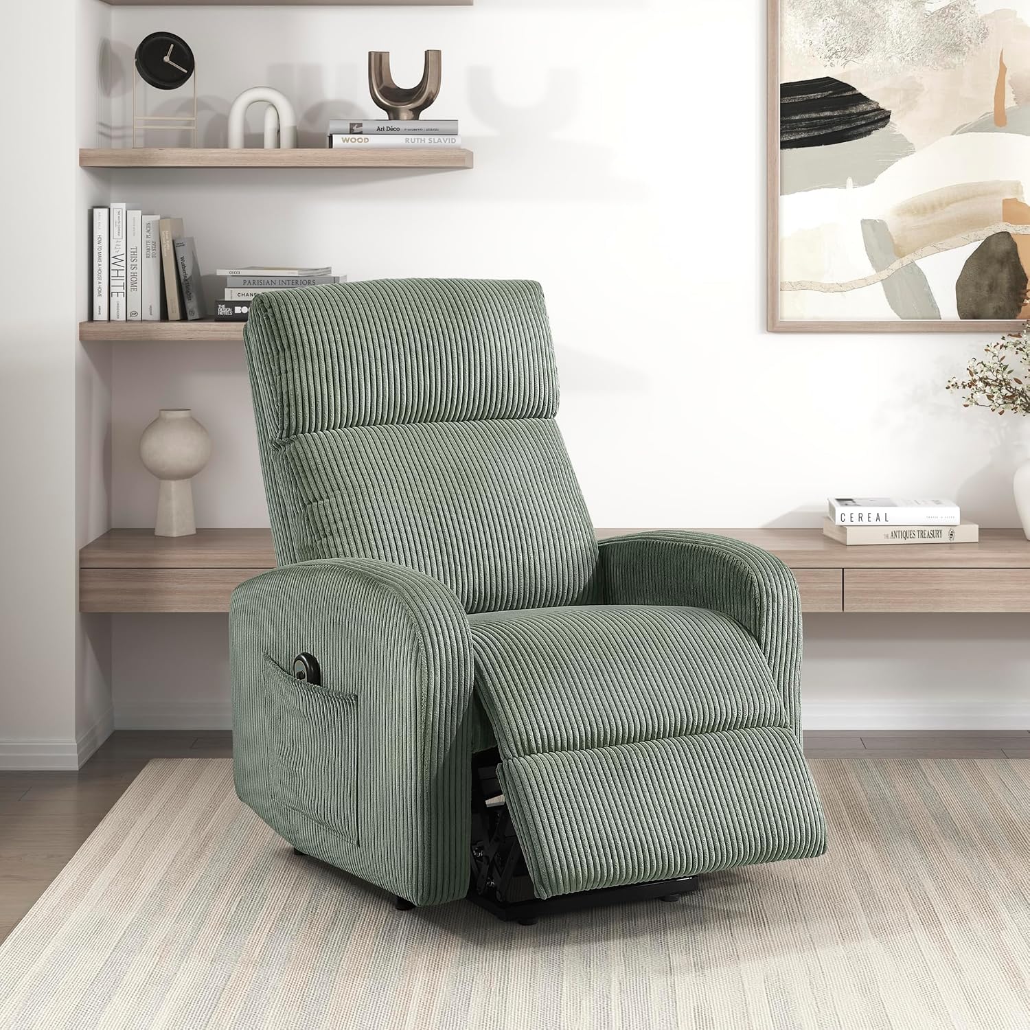 Lexicon Power Lift Recliner Chair for Elderly with Remote Control, Gentle Lift Motion, Side Pocket Armrest, Corduroy Upholstered Electric Recliner for Living Room/Bedroom, Easy Assembly, Green