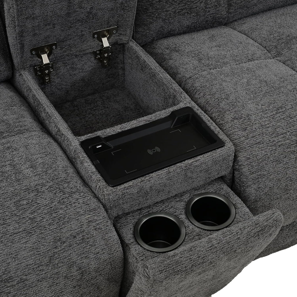 Furniture of America Tavie Modern Reclining Sofa with Storage Console and Cup Holders, Sectional Recliner, L Shaped Couch for Living Room, Home Theater, Playroom, Dark Grey