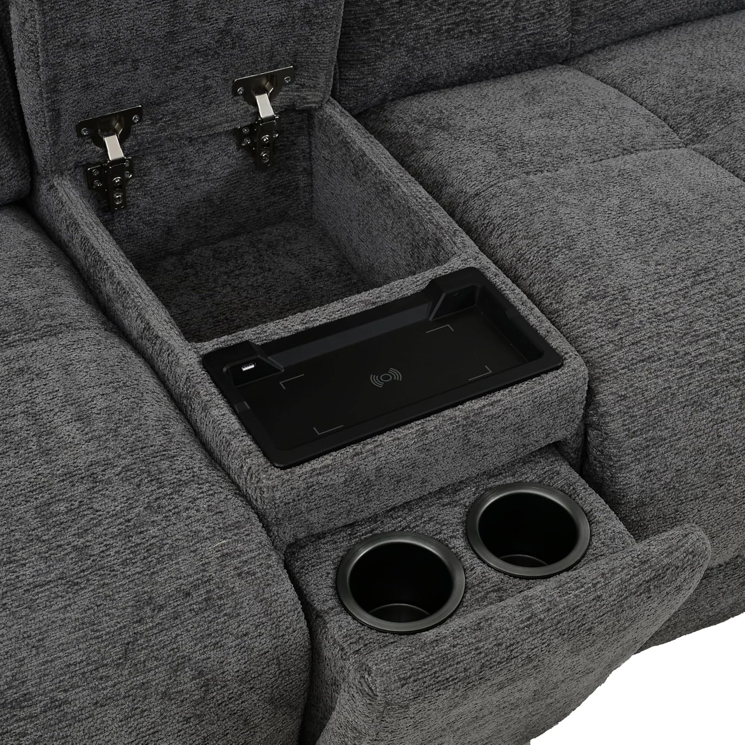 Furniture of America Tavie Modern Reclining Sofa with Storage Console and Cup Holders, Sectional Recliner, L Shaped Couch for Living Room, Home Theater, Playroom, Dark Grey