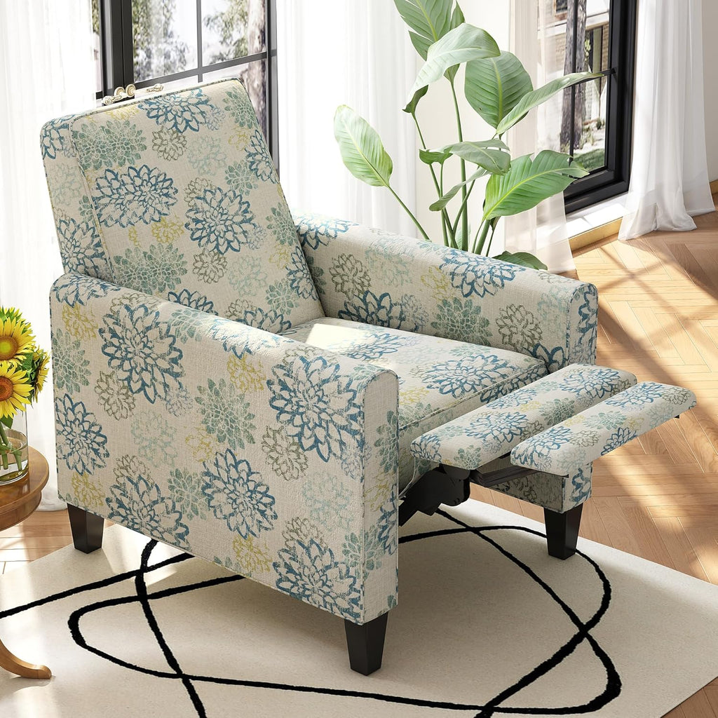 Christopher Knight Home Kenley Modern Fabric Upholstered Push Back Recliner Chair, Wooden Gliding Home Theater Seating, Comfy Reading Chair, Deep Seating Single Sofa Accent Chair, Mixed Blue