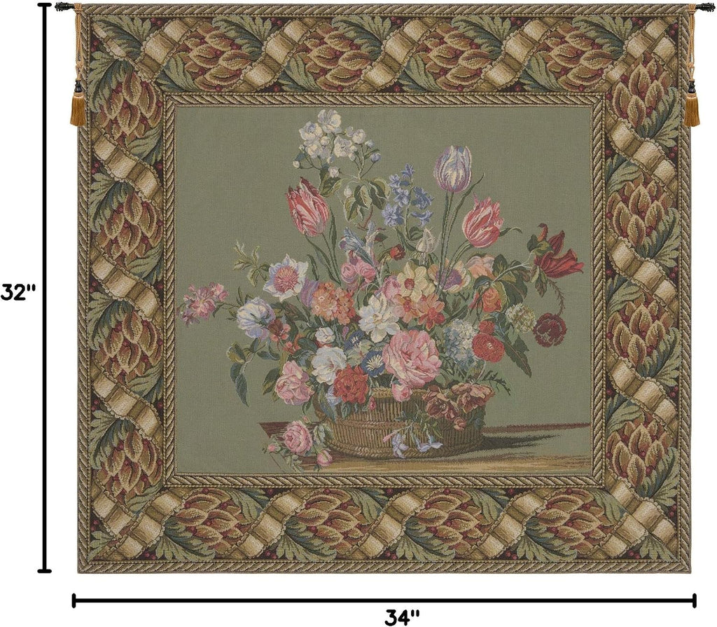 C Charlotte Home Furnishings Inc Flower Basket Green European Tapestry Wall Hanging | Viscose Cotton and Polyester Blend Wall Art | 32 in. x 34 in | Home Decor Accents | Inspired by Famous
