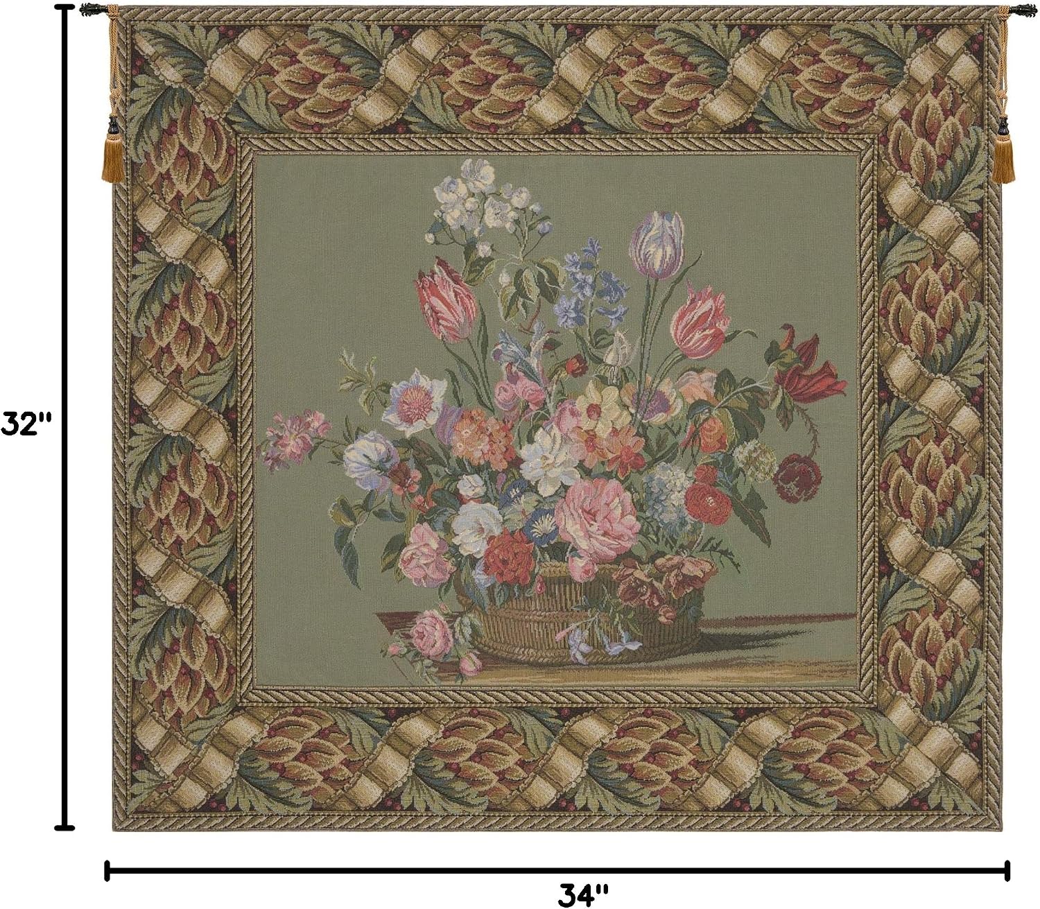 C Charlotte Home Furnishings Inc Flower Basket Green European Tapestry Wall Hanging | Viscose Cotton and Polyester Blend Wall Art | 32 in. x 34 in | Home Decor Accents | Inspired by Famous