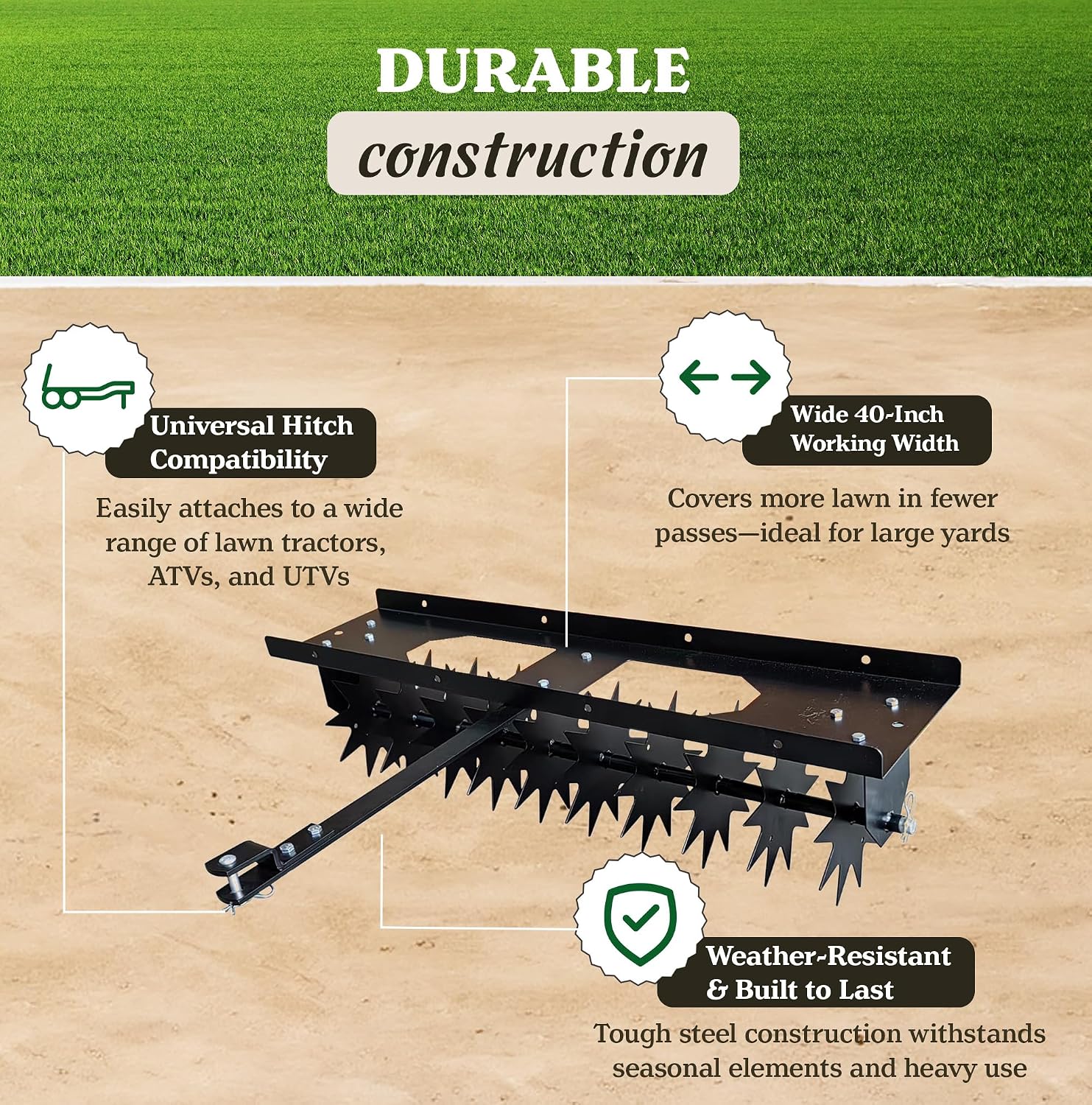 Yarn Stuff Spike Lawn Aerator, 40 Inch Wide Pin-Style Hitch with Weight Tray, Tiller for Gardening and Soil Penetration, Lawn Mower and ATV Compatible