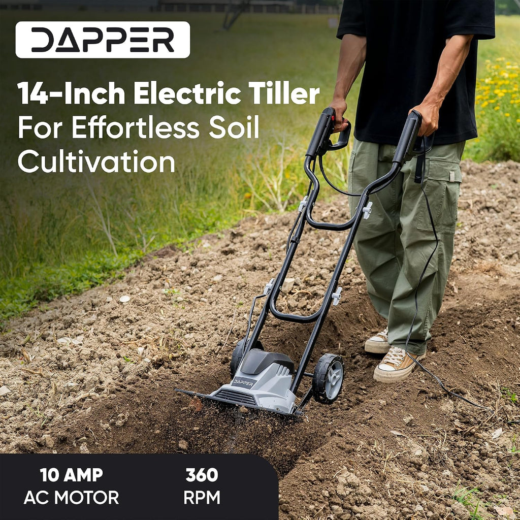 Dapper Supply 14 Electric Tiller Cultivator, 10Amp Corded Garden Rototiller with 4 Steel Tines, Adjustable Depth Wheels, Foldable Handle, Lightweight Portable Soil Cultivator for Gardening