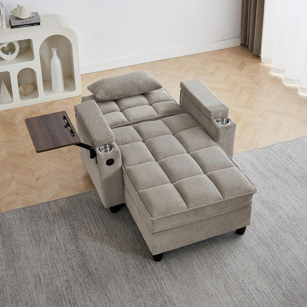 Eafurn Convertible Chaise Lounge Sleeper Chair with Storage and 6-Position Reclining Backrest,Modern Tufted Recliner Lounge Chaise Chair with Swivel Tray Table & USB Port for Living Room