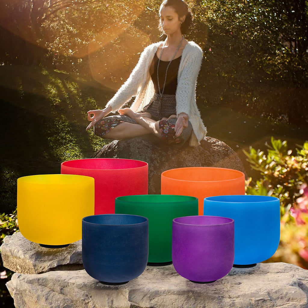TOPFUND 432 Hz Chakra Set of 7 Color Crystal Singing Bowls 6-10 inch with Heavy Duty Carrying Cases and Singing Bowl Mallets