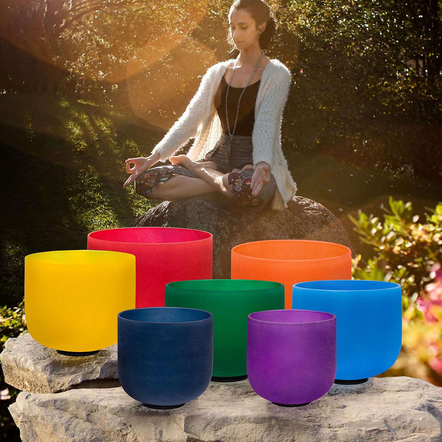 TOPFUND 432 Hz Chakra Set of 7 Color Crystal Singing Bowls 6-10 inch with Heavy Duty Carrying Cases and Singing Bowl Mallets