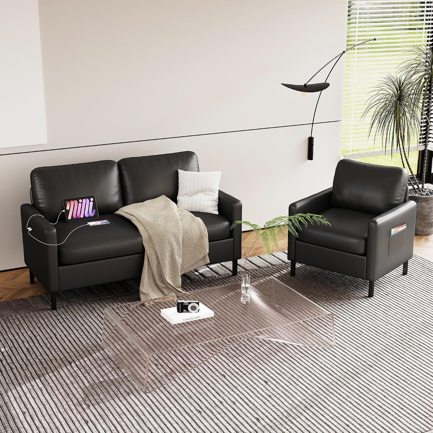 STHOUYN Black Faux Leather Accent Chair with Arms, Modern Small Accent Office Chair, Waiting Room Chairs for Living Room Bedroom with Metal Legs (1, Black)
