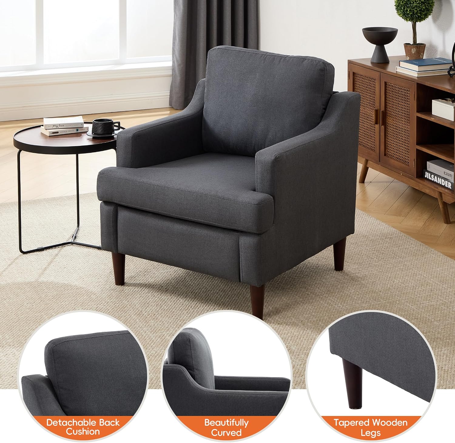 Ketaiyou Mid-Century Accent Chair Modern Linen Fabric Armchair for Living Room,Comfy Upholstered Reading Chairs for Bedroom,Single Sofa Chair with Wood Legs (Darkgrey, Set of 1)