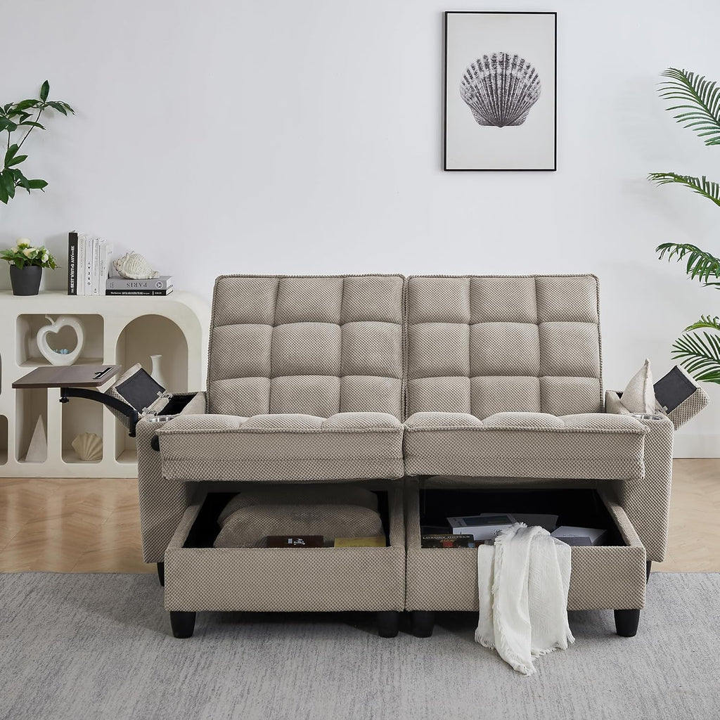 Eafurn Double Chaise Lounge Convertible Sleeper Chair Sofabed W/Storage and 6-Position Reclining Backrest, Modern Tufted Recliner Lounge Chaise Couch with Swivel Table & USB for Living Room