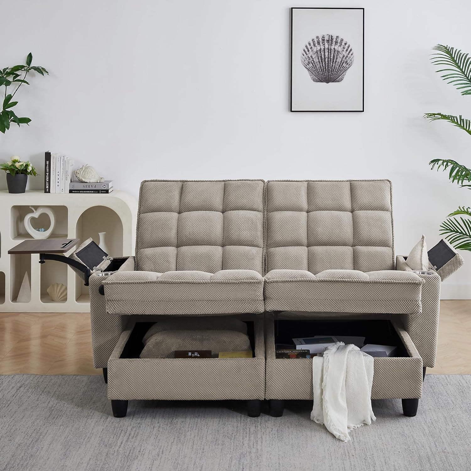 Eafurn Double Chaise Lounge Convertible Sleeper Chair Sofabed W/Storage and 6-Position Reclining Backrest, Modern Tufted Recliner Lounge Chaise Couch with Swivel Table & USB for Living Room