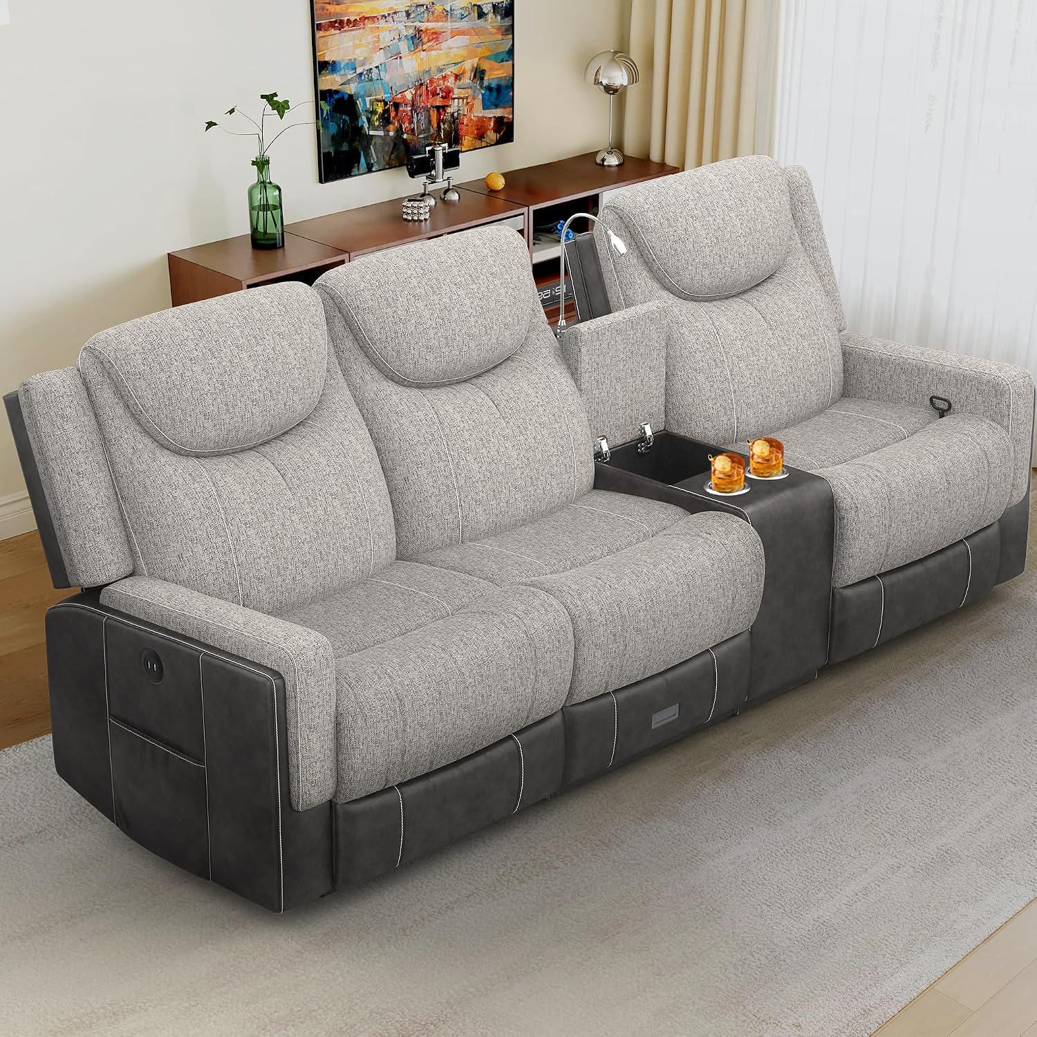 Dresegmt Recliner Sofa, 2 - Way Multi - Function Manual 3 Seater Couch with Cup Holders, Storage & USB Ports, Modern Multifunctional Sofa, Grey Linen & Leather Reclining Couch for Living Room