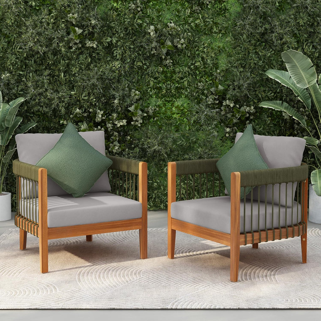 Christopher Knight Home Vinny Outdoor Club Chairs Set of 2, Acacia Wood Accent Chair, Comfort Seating Reading Sofa, Handwoven Rope Armchair with Removable Cushions for Garden Backyard, Green+Gray