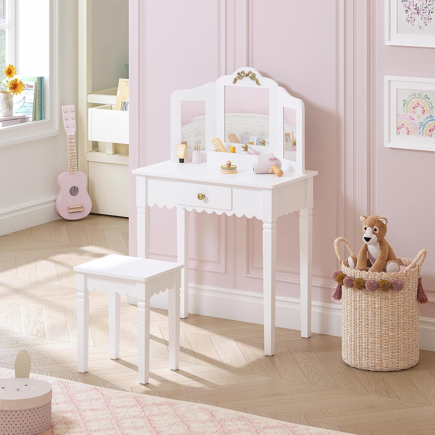 Spirich Kids Vanity Set with Mirror and Stool, Kids Make Up Vanity Desk for Little Girls, Children Makeup Dressing Table with Drawer
