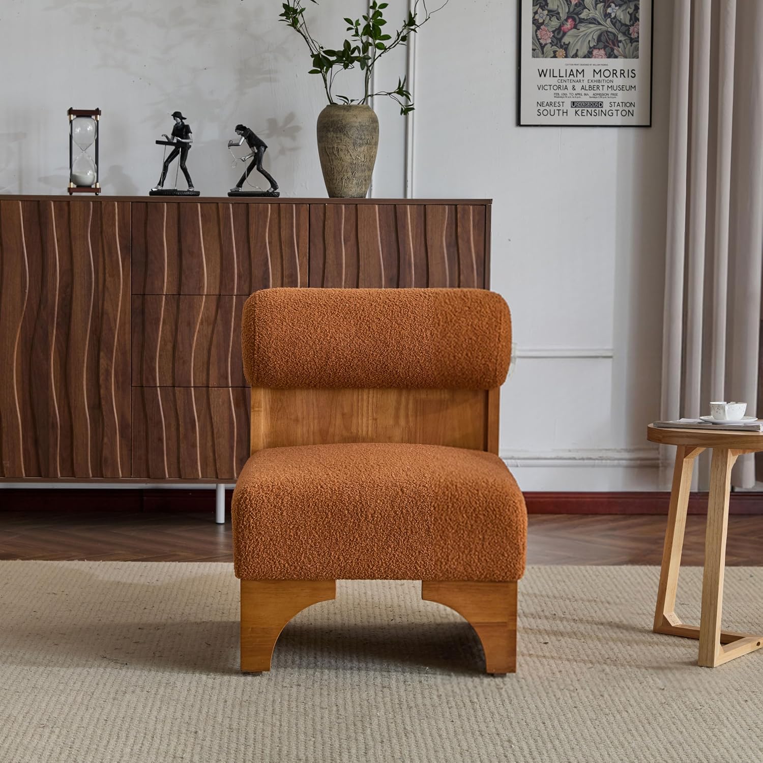 Christopher Knight Home Devon Modern Minimalist Boucle Fabric Upholstered Accent Chair,Wooden Lounge Chair with Rolled Backrest+Soft Padded Seat,Comfy Reading Chair,Living Room/Bedroom,Brownish Orange