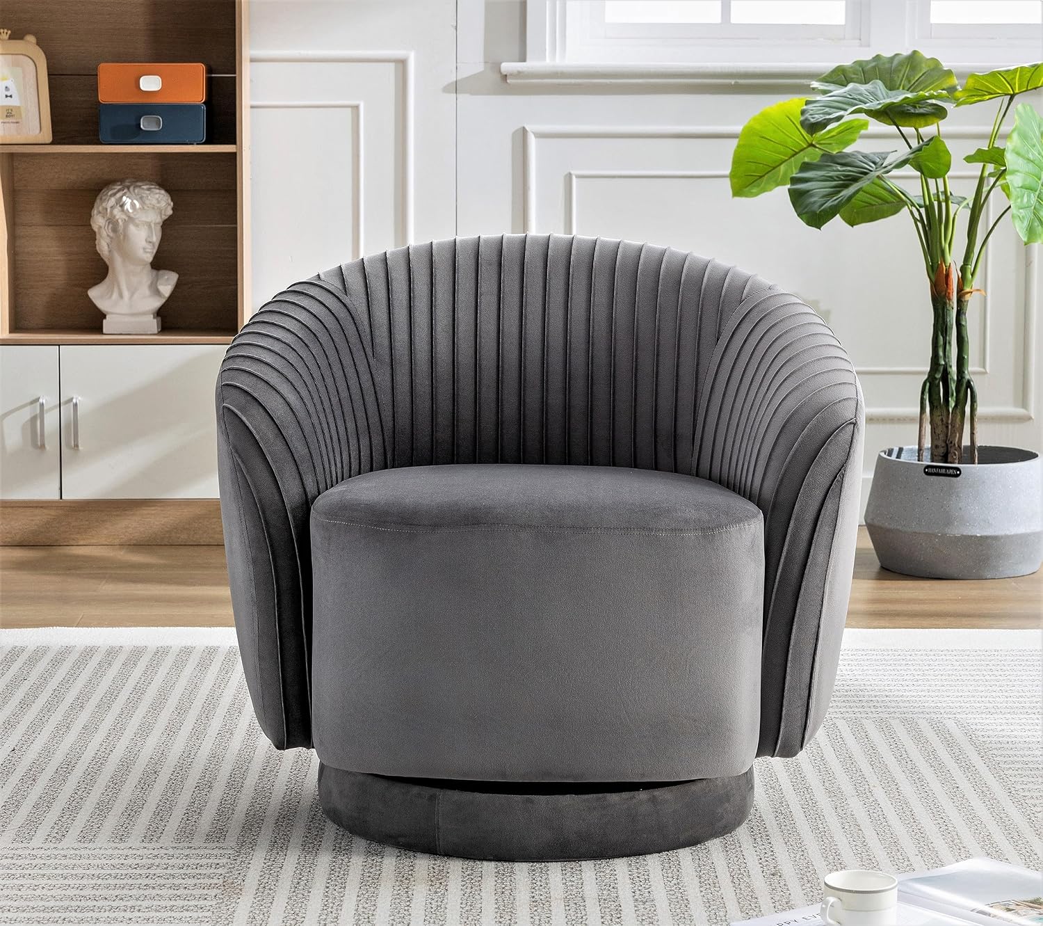 Container Furniture Direct Modern Barrel Swivel Chair with Plush Velvet Upholstery and Smooth 360° Rotation, Round Accent One-Seater Sofa for Living Room, Bedroom, and Office, Grey