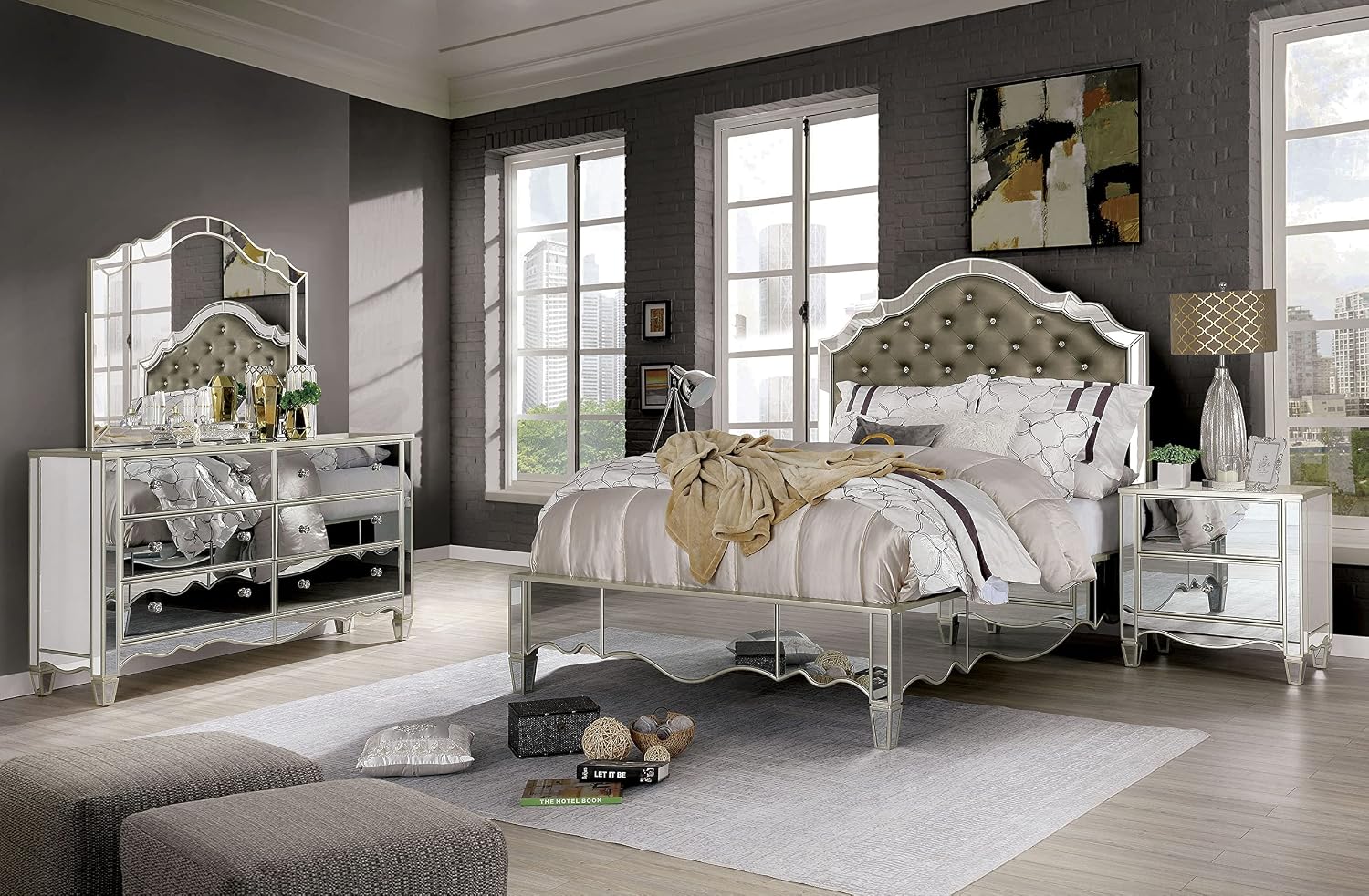 HOMES: Inside + Out Bowne Glam 2-Drawer Wood 28 in. Nightstand, Bedside Table with USB Port for Bedroom, Silver