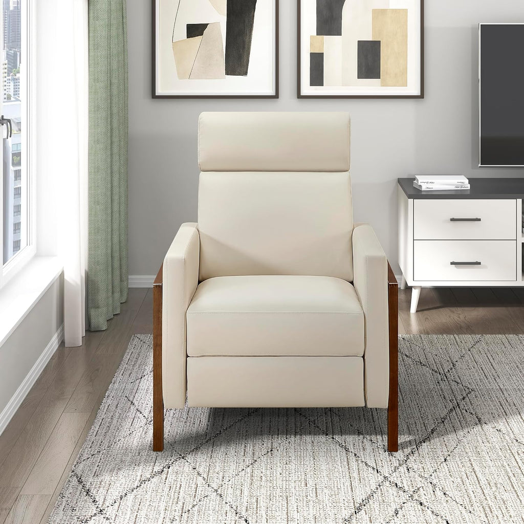 Lexicon Push Back Recliner Chair, Faux Leather Upholstered Reclining Chair with Footrest, Exposed Dark Brown Finish Wood Frame, Small Recliner for Small Space, Living Room, Bedroom, Light Beige