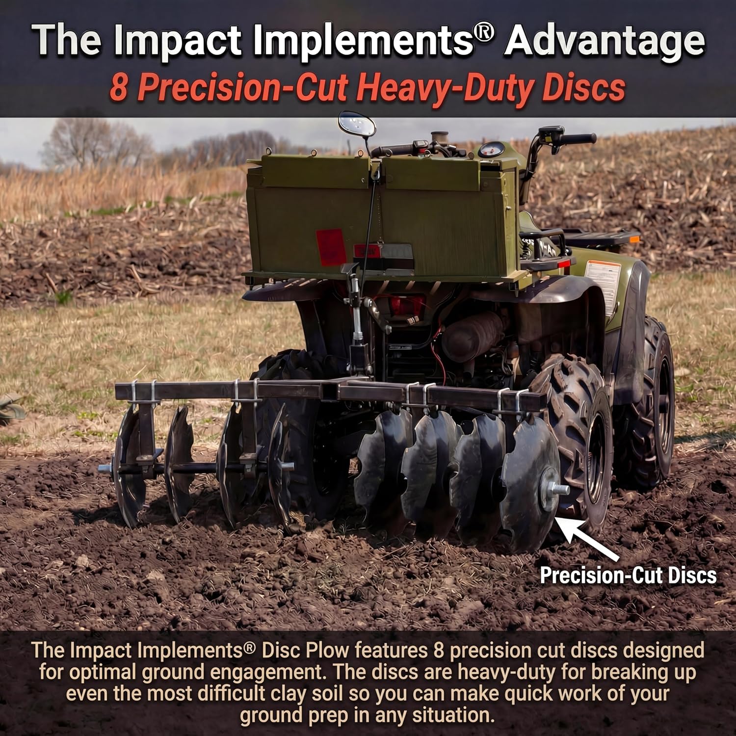 IMPACT IMPLEMENTS® Disc Plow Harrow with Weight Tray for ATV/UTV/Garden Tractors. Prep Soil, Cut Weeds & Clear Crop Remains.