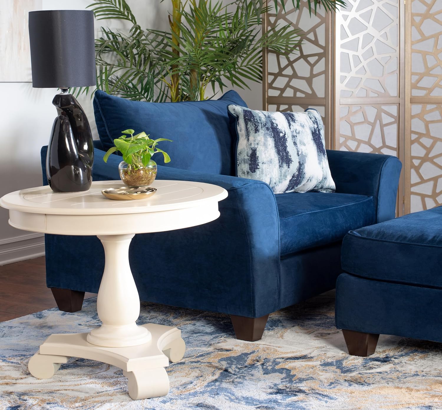 Roundhill Furniture Camero Fabric Pillowback Accent Chair with Ottoman, Navy Blue