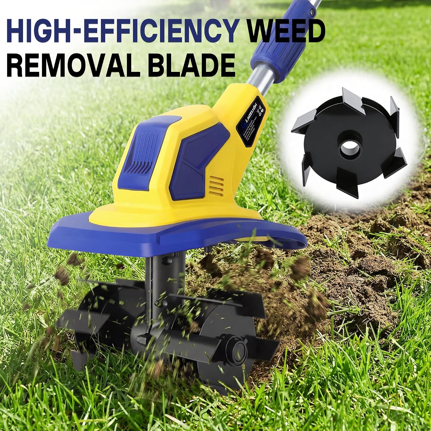 21V Cordless Tiller Cultivator, 720RPM Electric Garden Tiller, with 2 * 6.0Ah Batteries & Charger, 1 * Soil Tilling Blade and 1 * Weed Removal Blade for Lawn/Gardening/Soil Cultivation (Yellow)