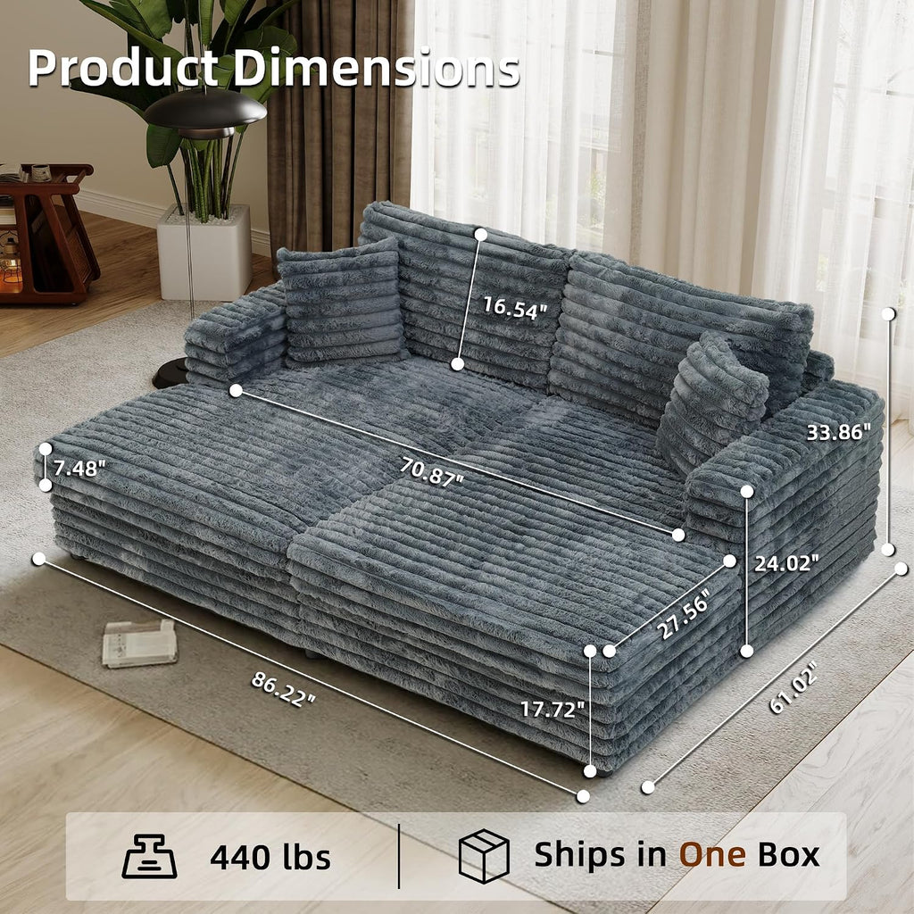 86' Oversized Chaise Lounge Chair Indoor with 2 Pillows,Sofa Bed Upholstered Recliner Chair,Comfy Corduroy Reading Chairs,Oversized Sleeper Couch for Living Room, Movie Room and Bedroom, Gray