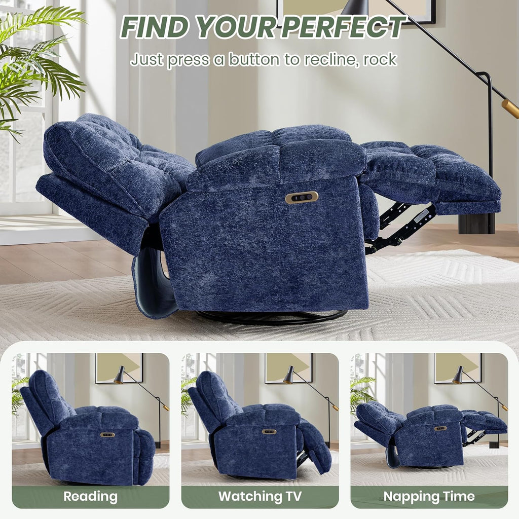 Rocker Recliner Chair 42' Power Swivel Recliner for Living Room Overstuffed Extra Wide Rocking Recliners with Breathable Soft Fabric Up to 400lbs(Eletric Blue)