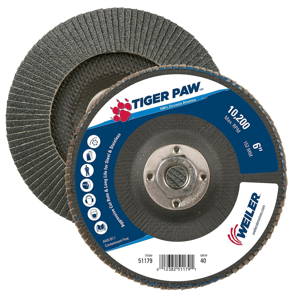 Weiler 51179 6' Tiger Paw Abrasive Flap Disc, Conical (TY29), Phenolic Backing, 40Z, 5/8'-11 UNC Nut (Pack of 10)