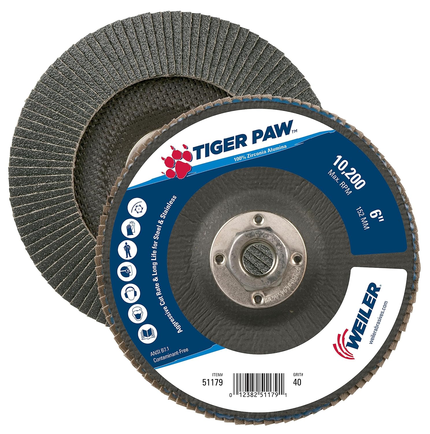 Weiler 51179 6' Tiger Paw Abrasive Flap Disc, Conical (TY29), Phenolic Backing, 40Z, 5/8'-11 UNC Nut (Pack of 10)