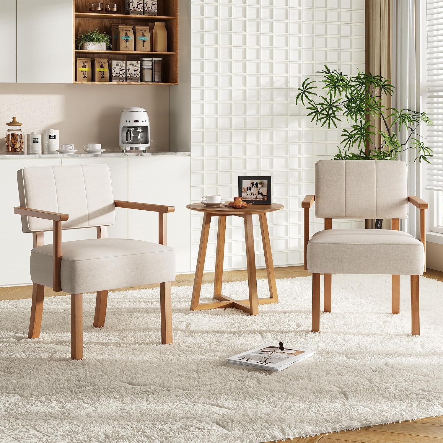 Garvee Mid-Century Accent Chair Set of 2 with Wood Frame, Linen Fabric Upholstered Lounge Arm Chair with Classic Vertical Stripe Reading Leisure Chair for Living Room, Bedroom, Balcony, Beige