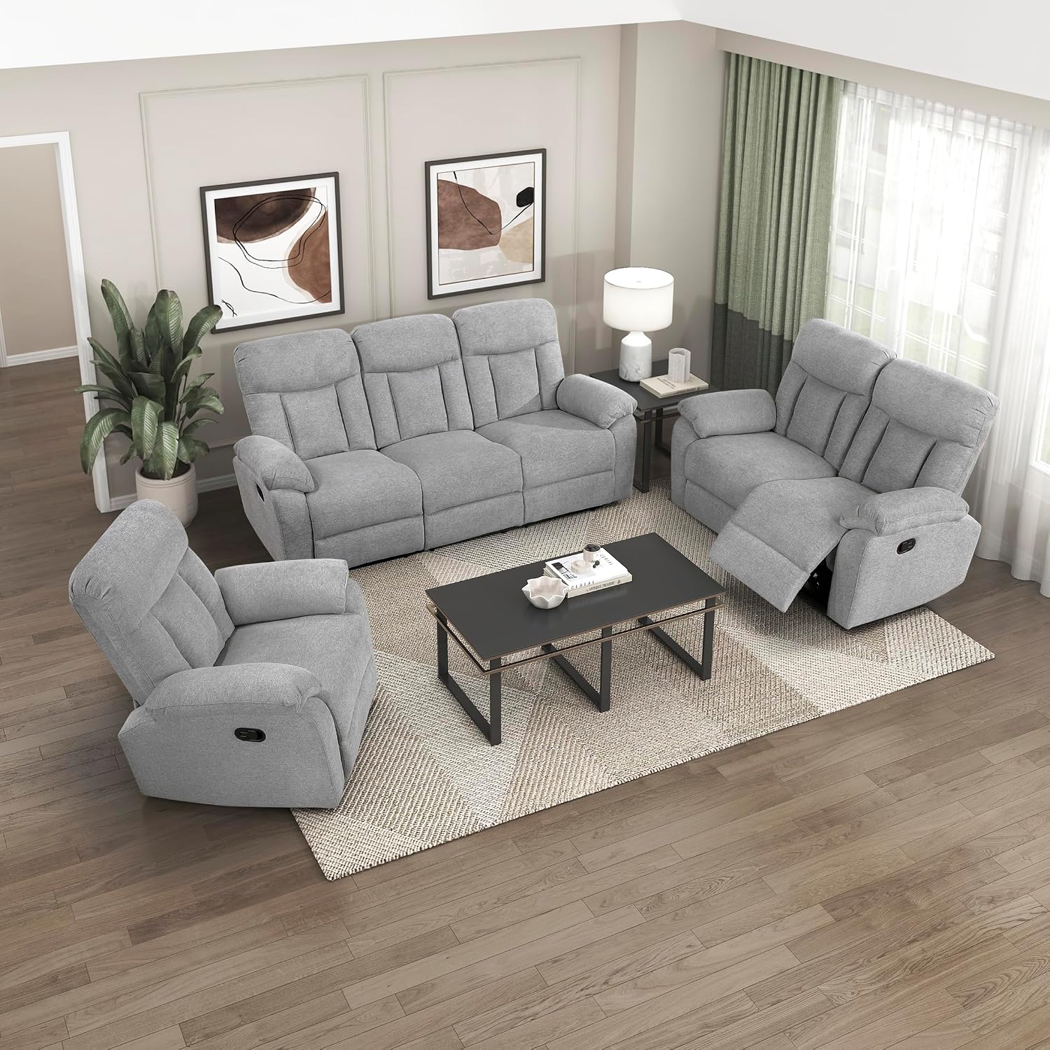 Lexicon Manual Reclining Living Room Set, Recliner Sofa Sets, Couches for Living Room, Home Theater Seating, Includes Recliner, Dual Reclining Sofa and Loveseat, Required Assembly, 3-Piece, Gray