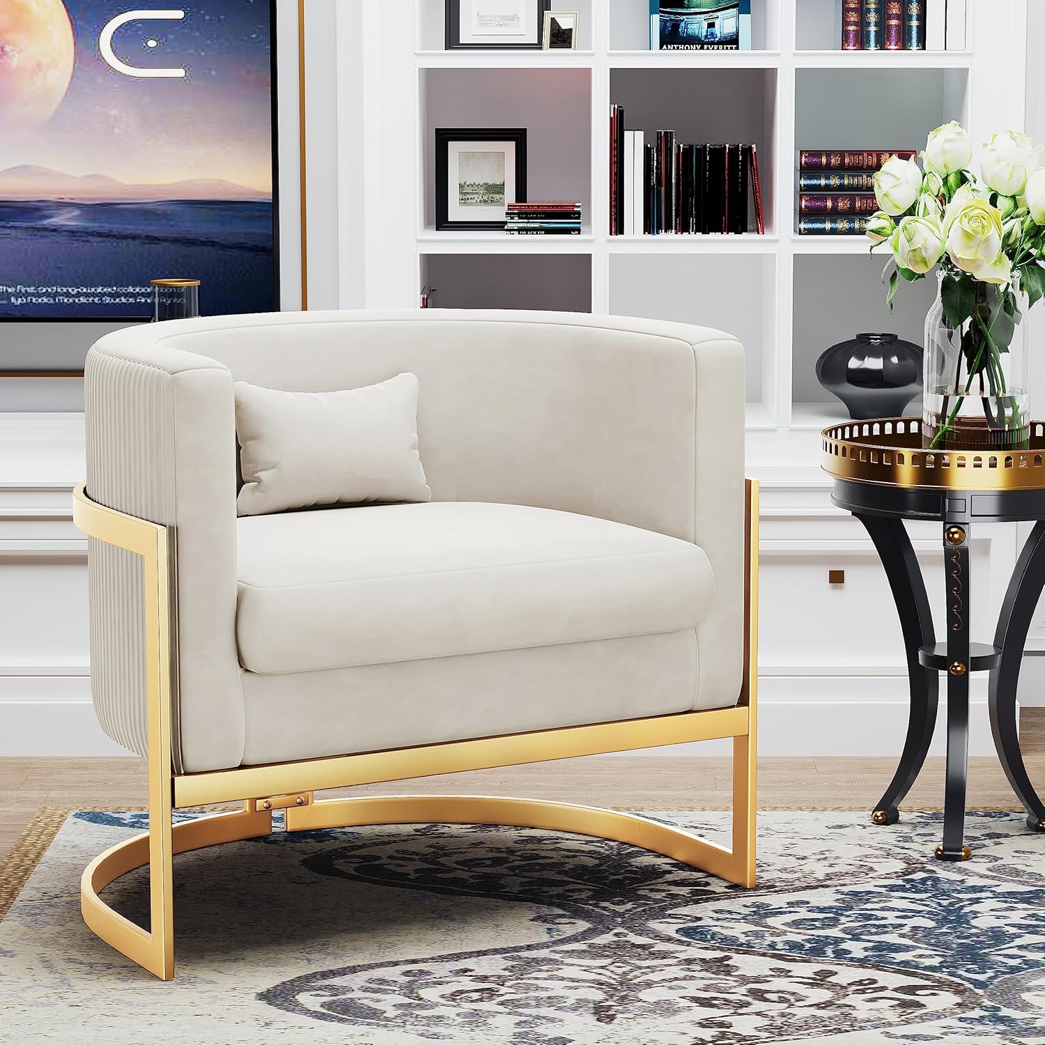 Velvet Accent Chair Modern Barrel Chair with Gold Legs Upholstered Armchair for Bedroom Living Room Sofa Chair Club Side Chairs Ivory