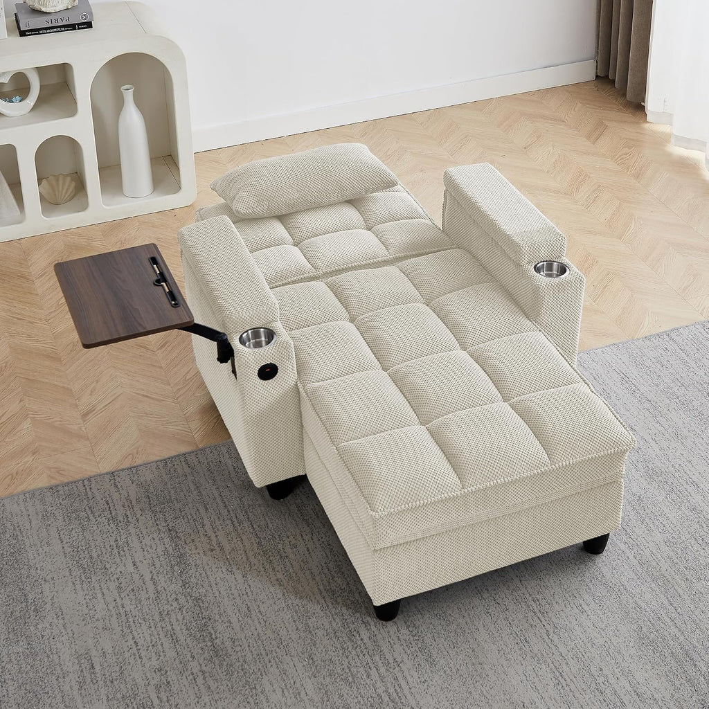 Eafurn 6-Position Adjustable Convertible Chaise Lounge Sleeper Chair with Storage, Modern Recliner Armchair with Swivel Tray Table & USB Port, Multi-Functional Tufted Accent Chair for Small Space