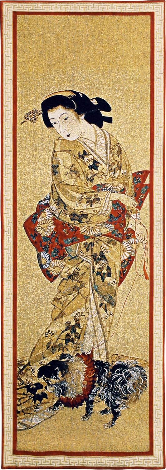 Lady with a Dog | Woven Tapestry Wall Art Hanging | Japanese Geisha Painting Scroll Artwork | 100% Cotton USA Size 51x18