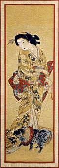 Lady with a Dog | Woven Tapestry Wall Art Hanging | Japanese Geisha Painting Scroll Artwork | 100% Cotton USA Size 51x18