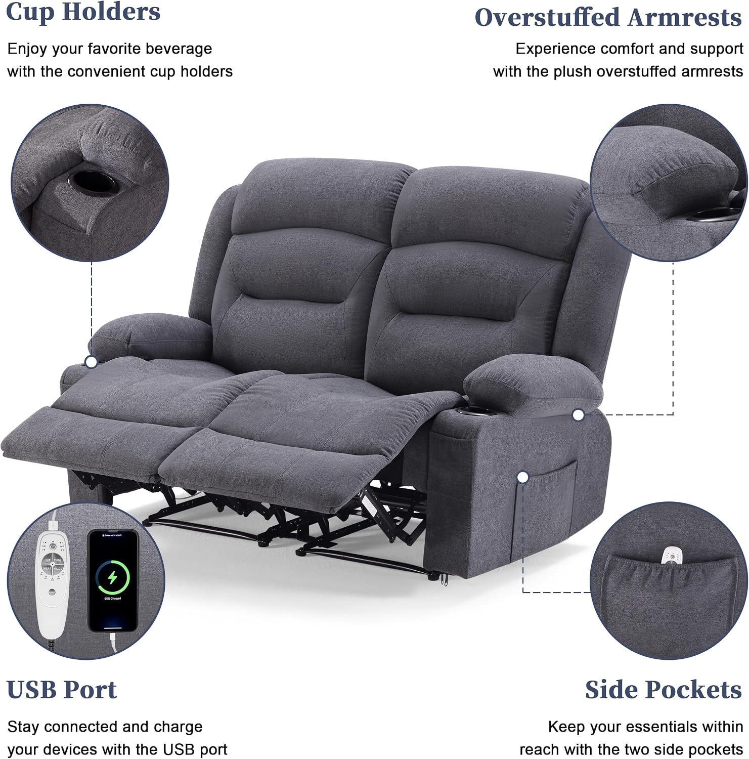 Weture Oversized Recliner Loveseat with Heat and Massage, Wall-Hugger Reclining Sofa with Cup Holders and USB Port, Big Large 2-Seater Double RV Recliner Loveseat for Living Room (Fabric, Grey)